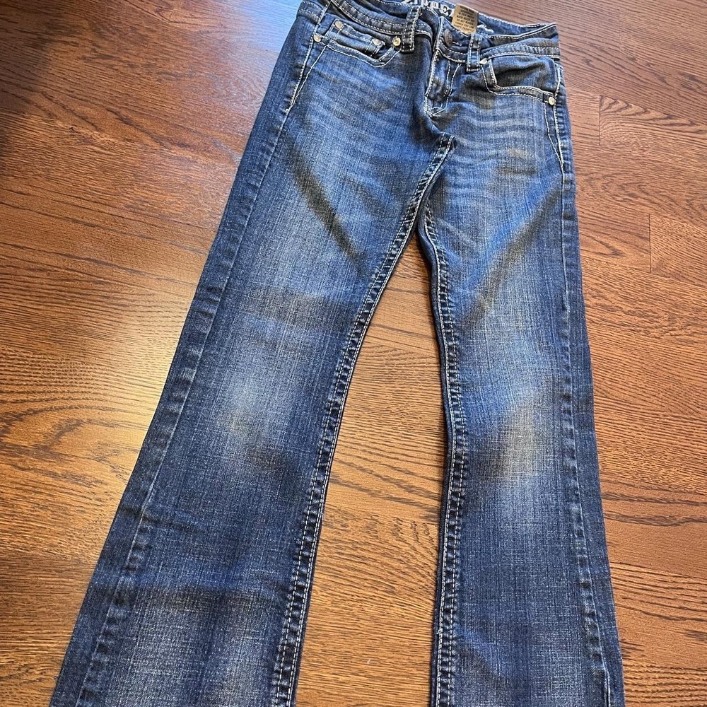 y2k zipper dark wash low rise bootcut flare embellished pocket jeans size 26 - Picture 2 of 8
